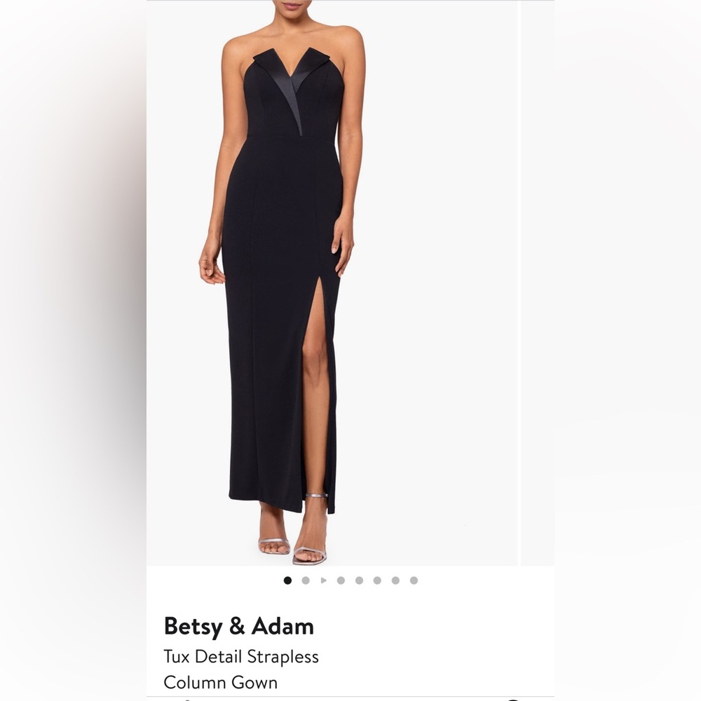 Betsy & Adam Tux detail strapless column gown